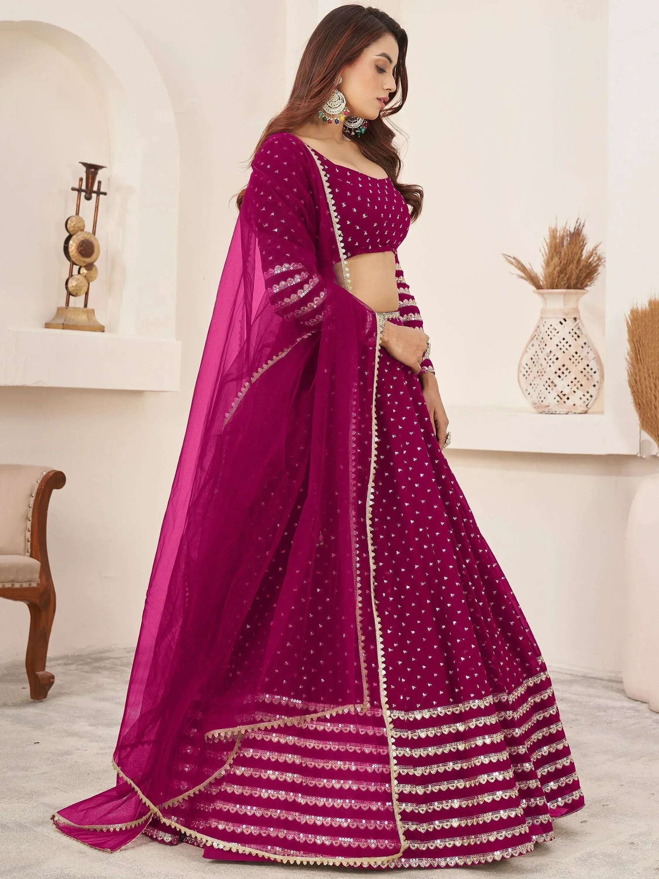 Tulsi Art Lovely Rani Pink Color Sequins Georgette Function Wear Lehenga Choli | Grocsy