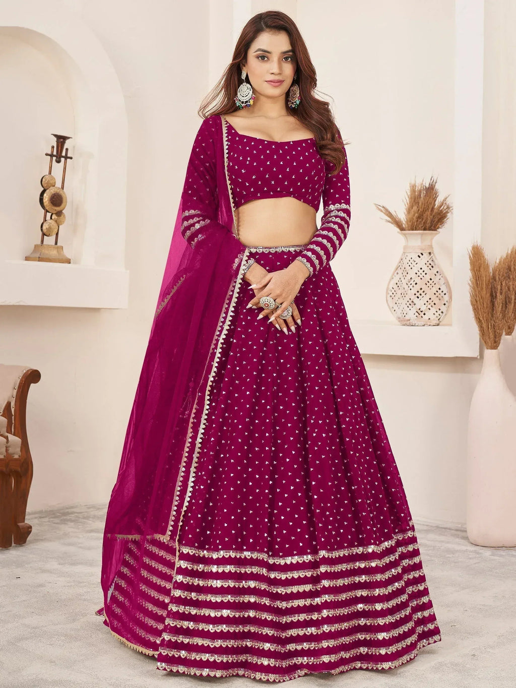 Tulsi Art Lovely Rani Pink Color Sequins Georgette Function Wear Lehenga Choli | Grocsy