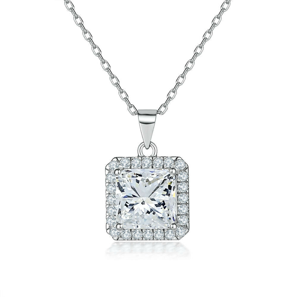 Cauer Radiant Moissanite Pendant Necklace in 925 Sterling Silver, White Gold Plated | Grocsy