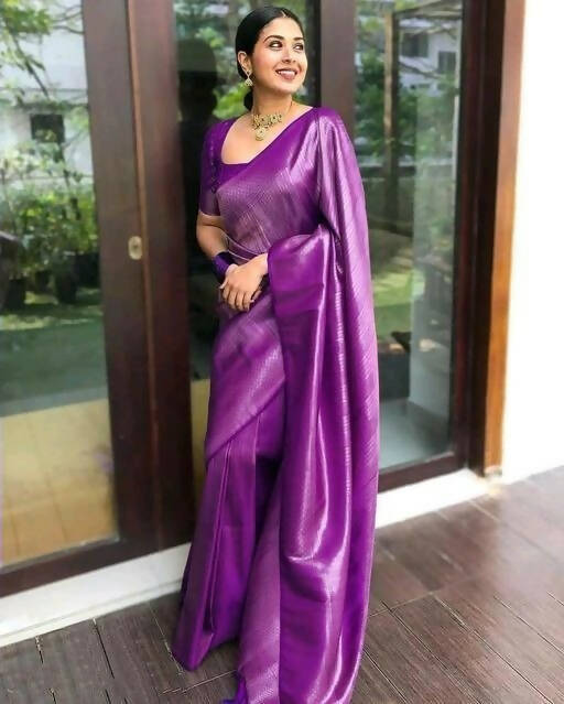 DEIANA'S Beautiful Designer Golden zari Soft Lichi Silk Saree - Purple | Grocsy