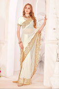PR Fashion White Fendi Two Tone Silk Heavy Zari & Resham Embroidery Work With Heavy Zircon Work Saree | Grocsy