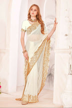 PR Fashion White Fendi Two Tone Silk Heavy Zari & Resham Embroidery Work With Heavy Zircon Work Saree | Grocsy