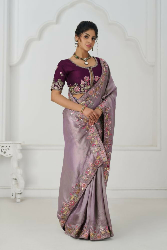 Kesar Fab Stunning Mauve Color With Multi-Thread And Sequins Embroidery Saree | Grocsy