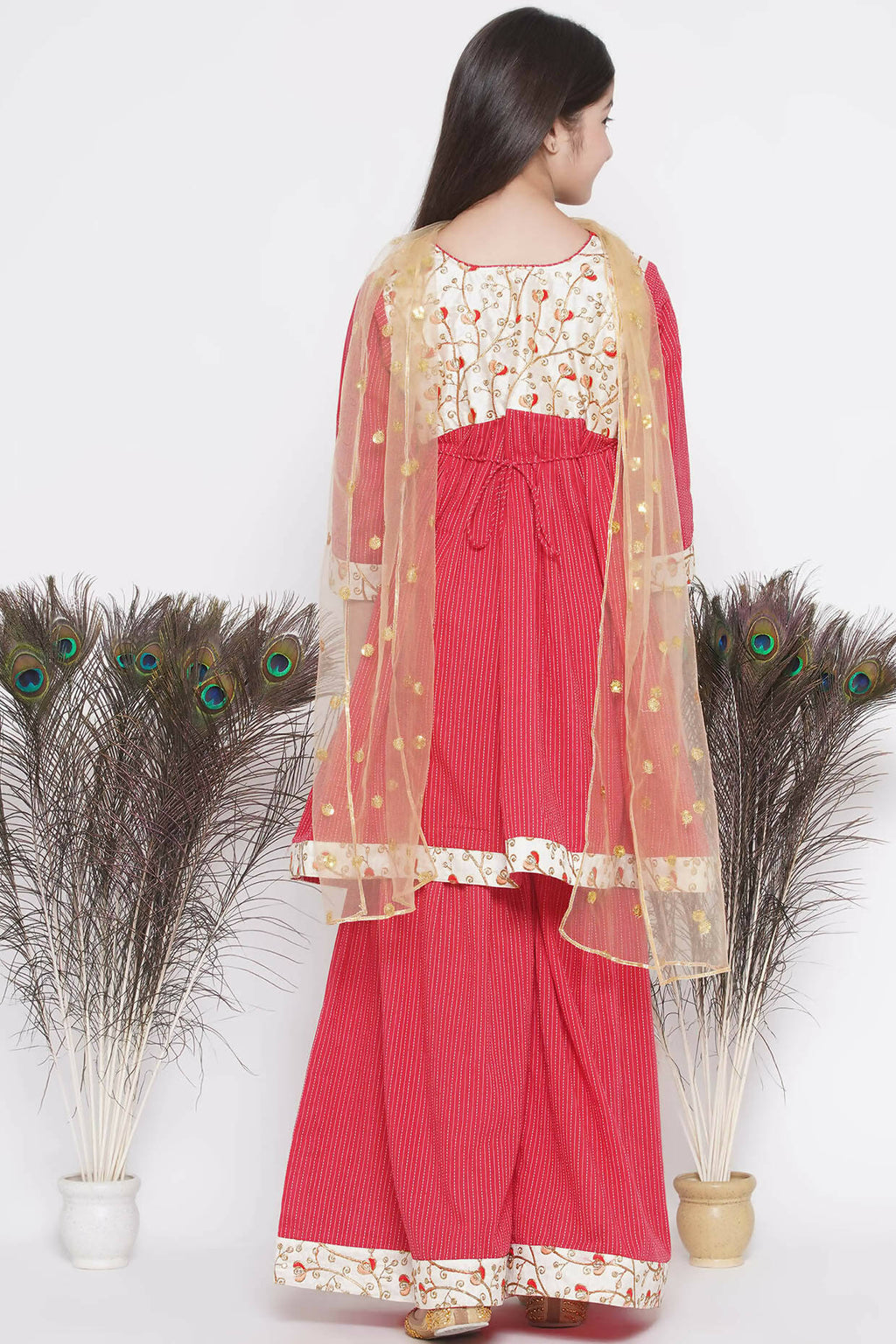Little Bansi Floral Embroidery Jacket With Cotton Kantha Frock Sharara And Dupatta With Ghungroo Handwork - Red | Grocsy