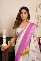 Vastranavya White Lavender Digital Printed Linen Ready To Wear Designer Saree with Unstitched Blouse | Grocsy