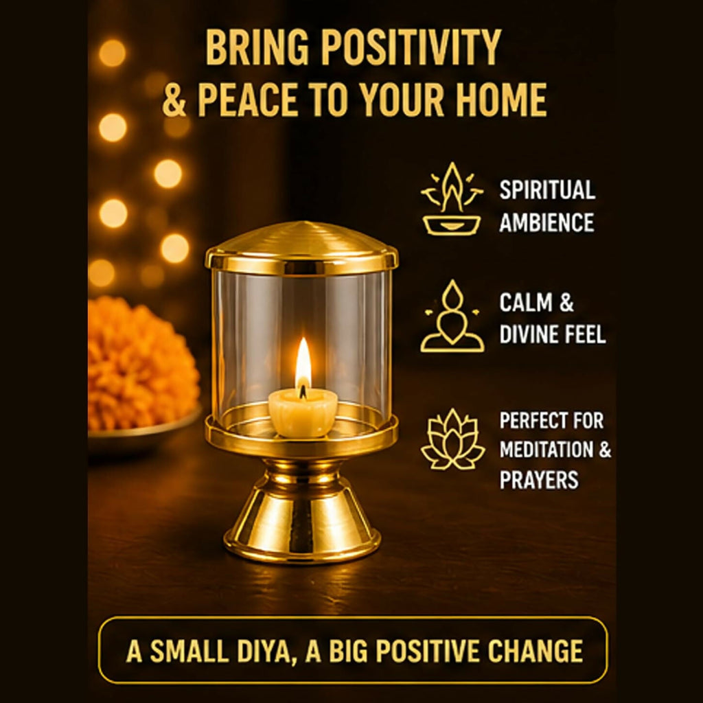 Not Available Pure Brass Ghee Diya for Puja with Glass Cover | Grocsy