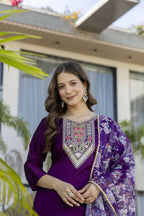 The52 Women's Gorgeous Embroidery Work Chanderi Cotton Fabric Straight Kurta Pant and Dupatta Set-Purple | Grocsy