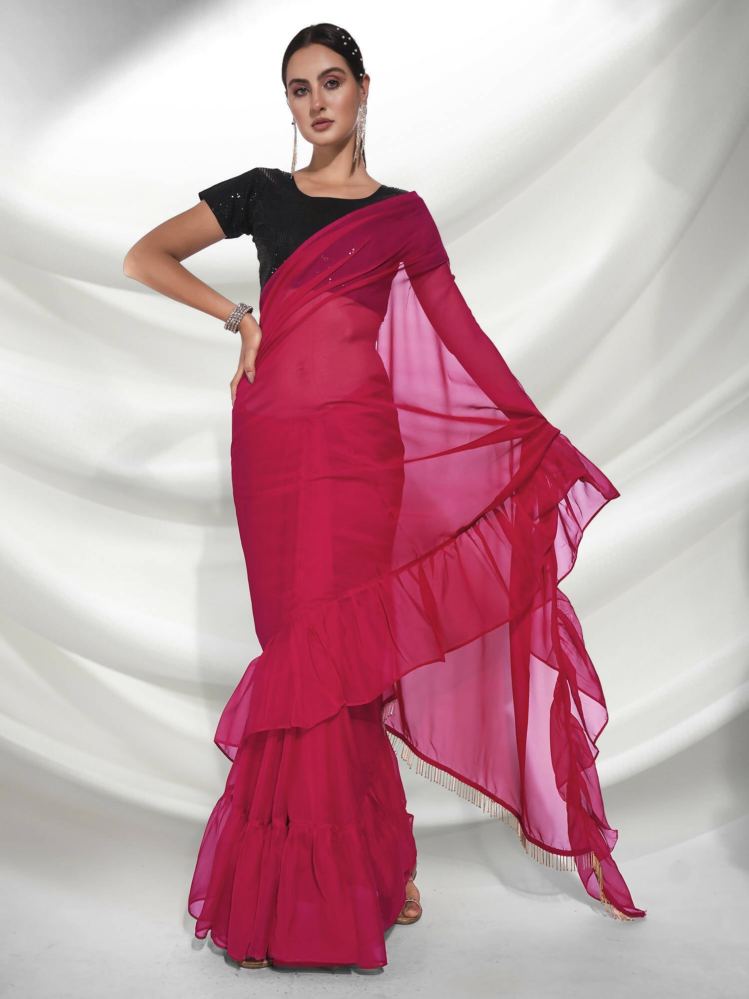 Pink Organza Solid Saree With Unstitched Blouse Piece - Shanaya | Grocsy
