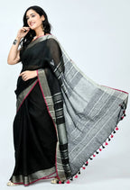 Mominos Fashion Moeza Pure Linen Black Saree | Grocsy