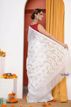 Very Much Indian Jamdhani Cotton Saree With Polka Dot Pallu - White | Grocsy