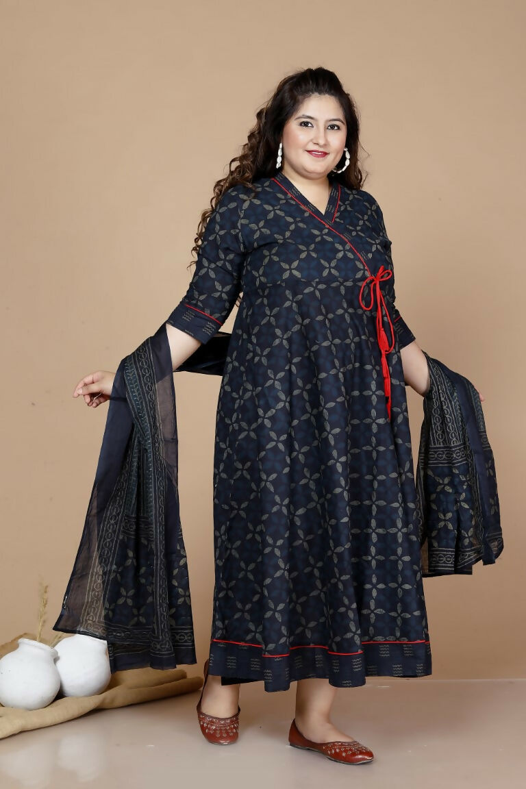 Miravan Women's Plus Size Abstract Printed & Tasseles Angrakha Kurta With Blue Dupatta Set | Grocsy