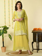 Myshka Women's Yellow Georgette Kurta & Skirt With Dupatta Party Sets | Grocsy
