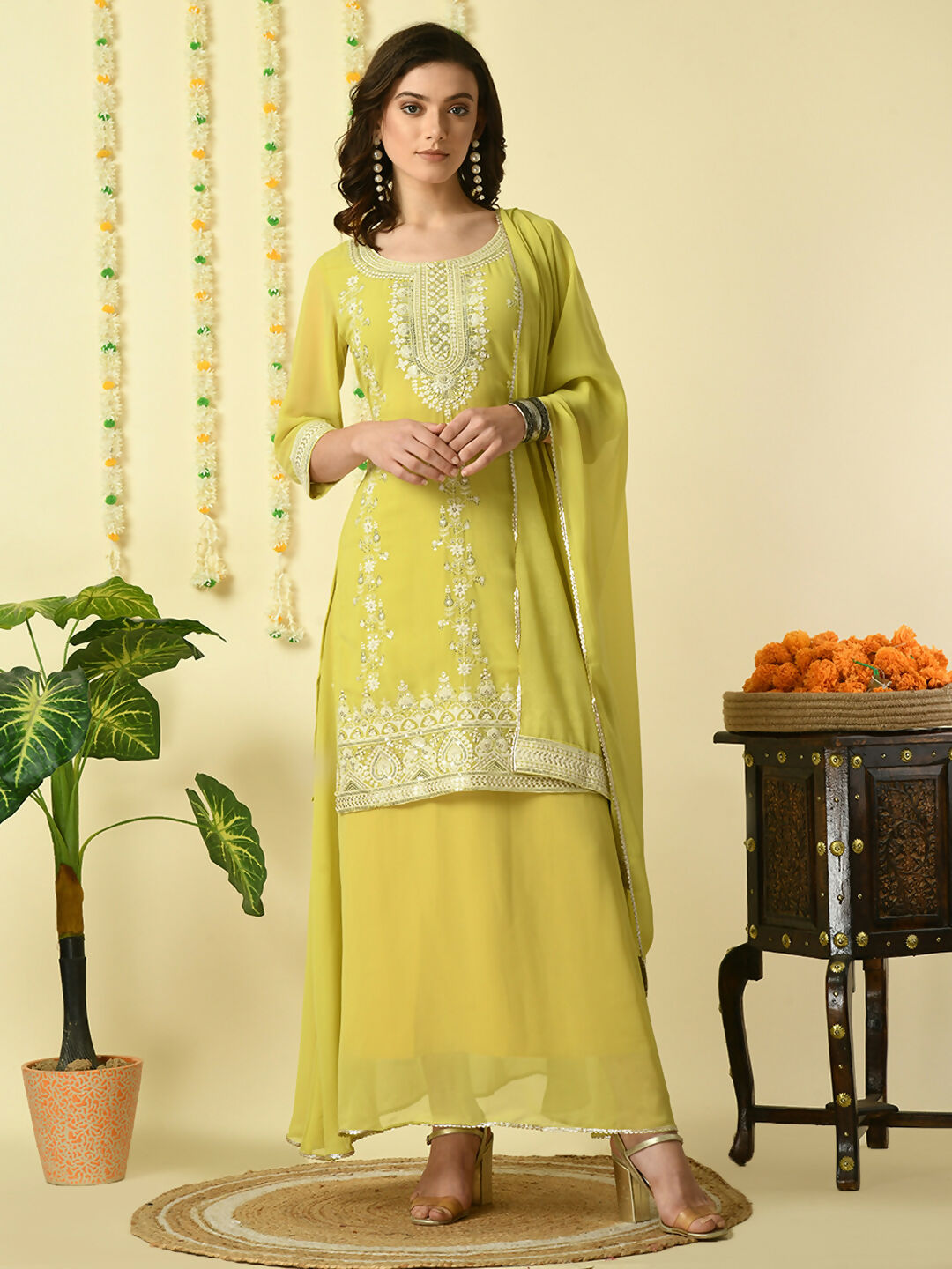 Myshka Women's Yellow Georgette Kurta & Skirt With Dupatta Party Sets | Grocsy
