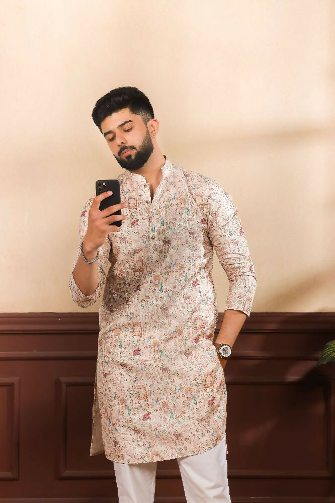 Beige Art Silk Digital Printed, Embroidery Work Kurta Set - Mahotsav | Grocsy