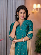Juniper Women's Rama Green Ethnic Motif Printed Cotton Kurta Pant And Dupatta Set With Zari Work | Grocsy