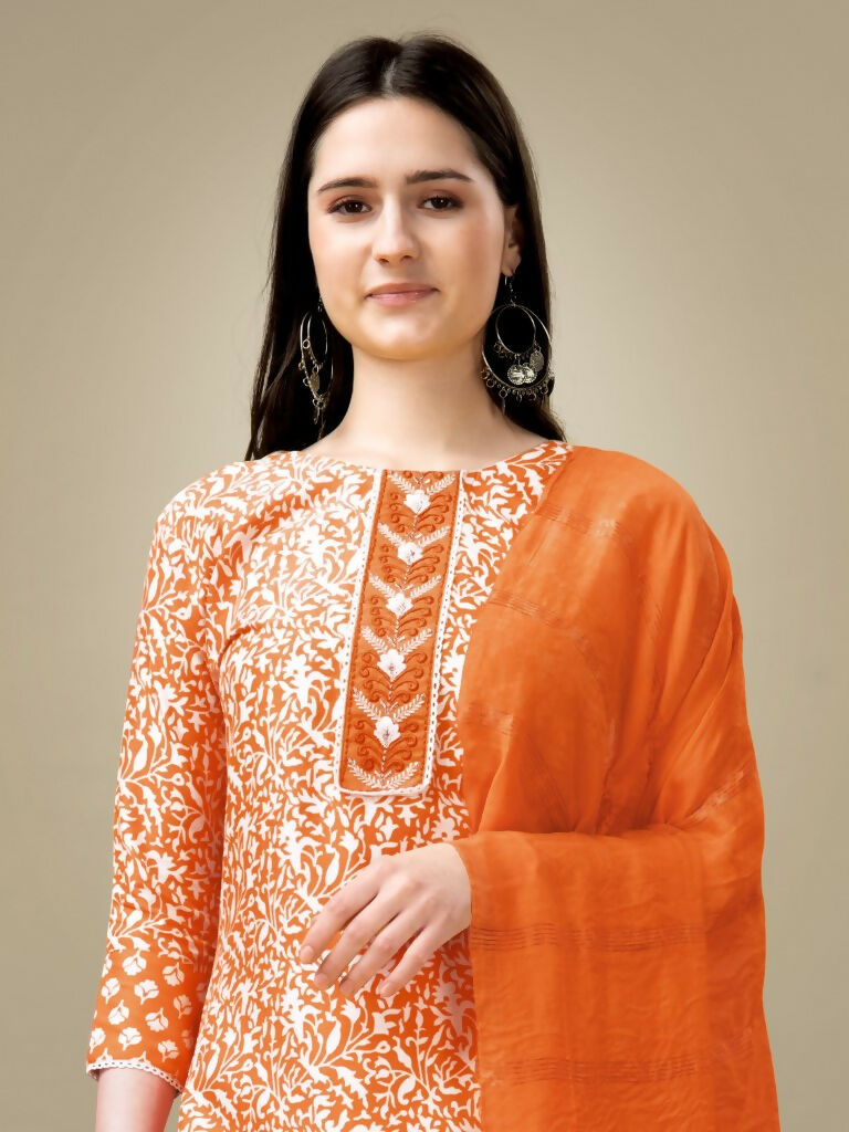 Jyoti Fashion Women's Orange Rayon Embroidery & Sequence work Kurta with Trouser & Dupatta | Grocsy
