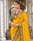 Mustard Vichitra Solid Saree With Unstitched Blouse Piece - Juhi | Grocsy