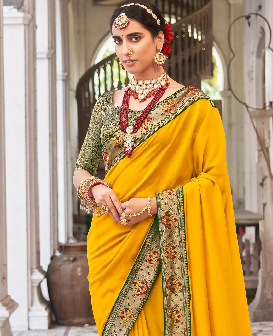 Mustard Vichitra Solid Saree With Unstitched Blouse Piece - Juhi | Grocsy