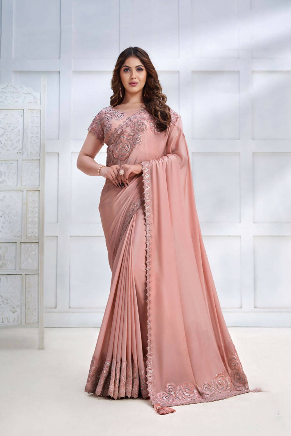 Peach Pure Crepe Georgette Cord & Sequence Embroidered with Stone work Saree - Mohmanthan Majestica | Grocsy