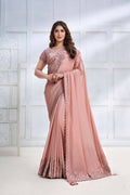 Peach Pure Crepe Georgette Cord & Sequence Embroidered with Stone work Saree - Mohmanthan Majestica | Grocsy