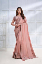 Peach Pure Crepe Georgette Cord & Sequence Embroidered with Stone work Saree - Mohmanthan Majestica | Grocsy