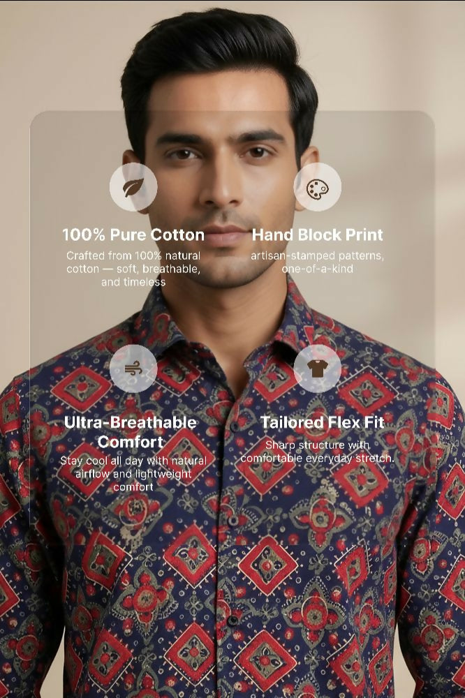 Durbar — Red Ajrakh Cotton Shirt by Hilo Design | Grocsy