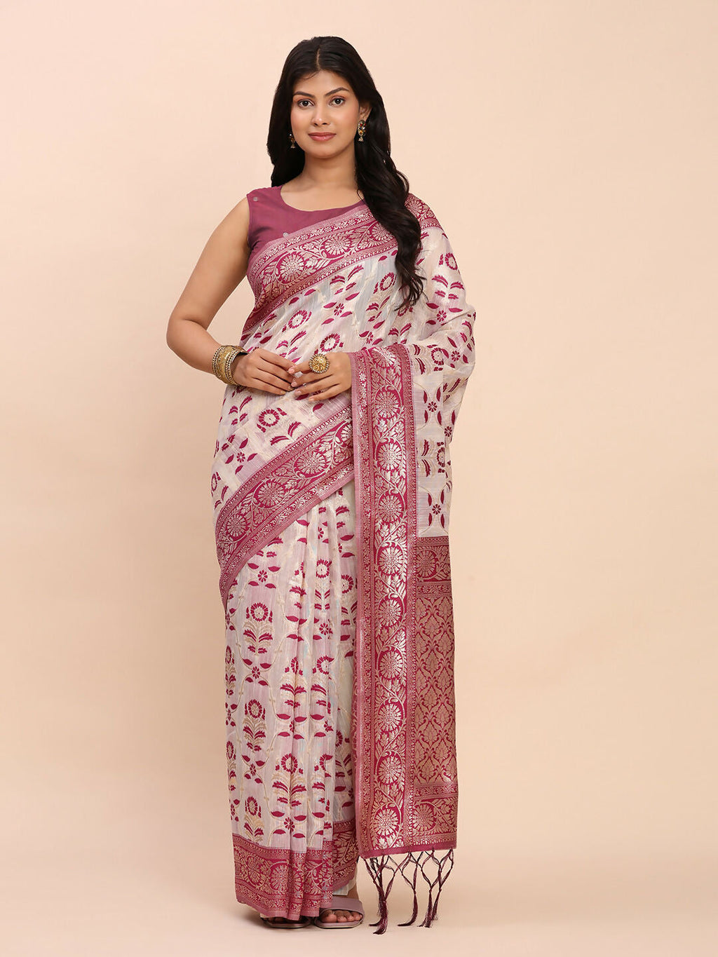 Shree Shyam Fashion Linen Cotton Purple Saree | Grocsy