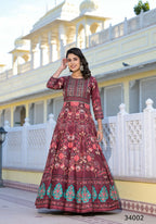 Partywear Designer Maroon Dola Silk Anarkali suit with Dupatta - Suzen | Grocsy