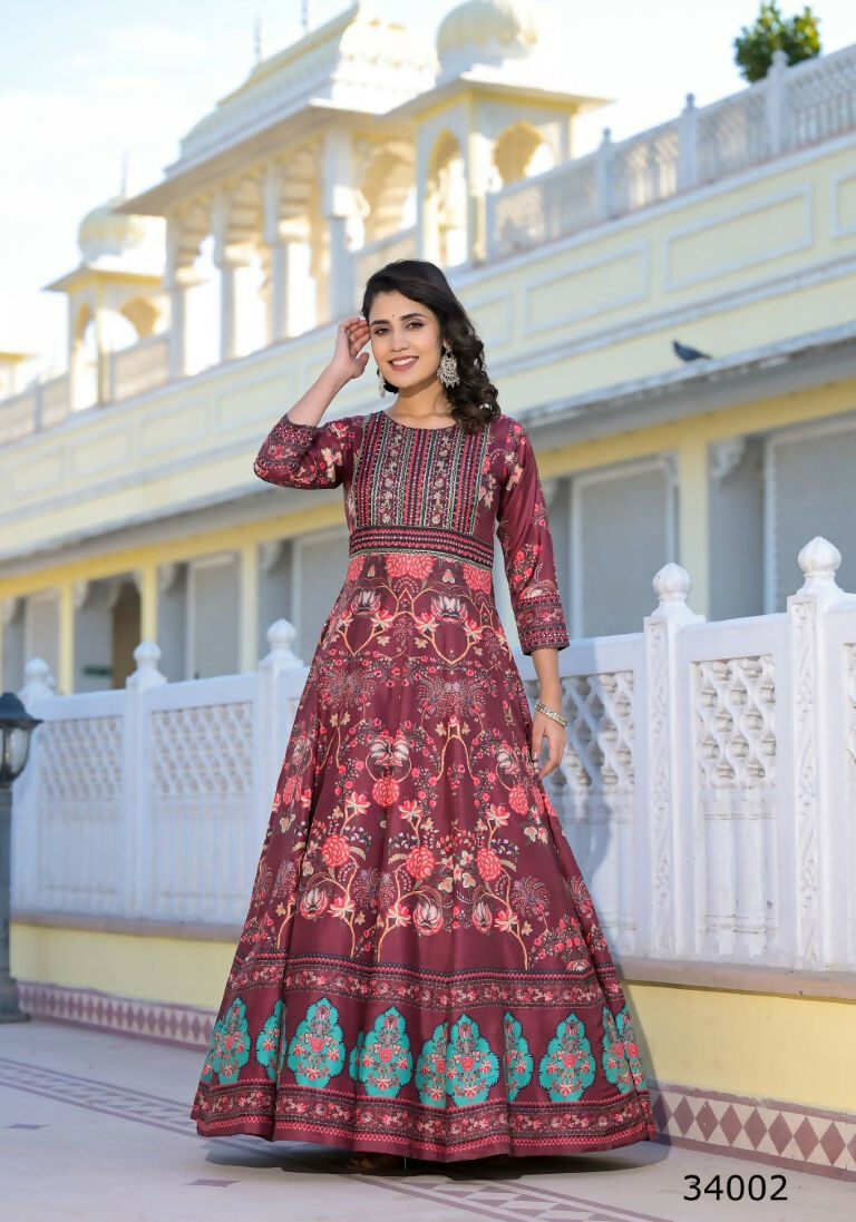Partywear Designer Maroon Dola Silk Anarkali suit with Dupatta - Suzen | Grocsy