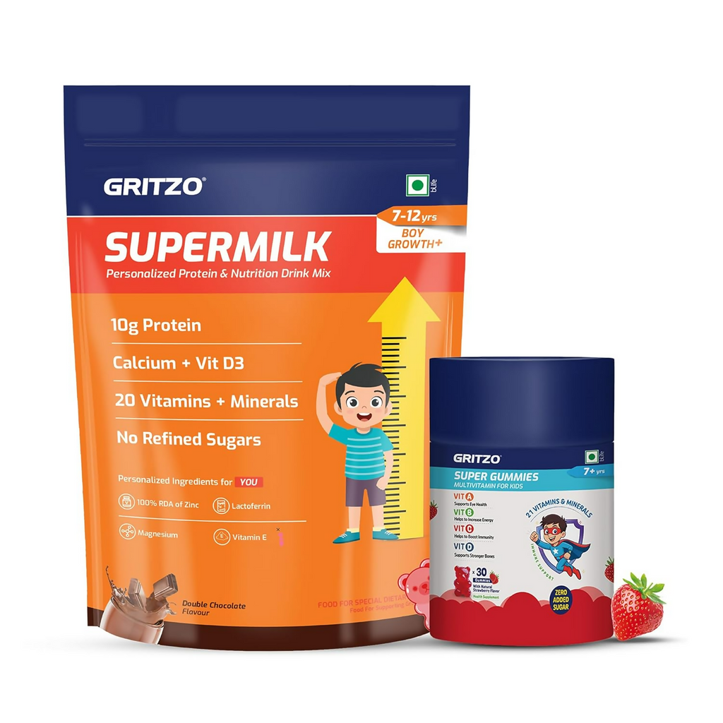 Gritzo SuperMilk Growth+ (Formerly Height+) (7-12y Boys) - Double Chocolate, with Super Gummies - Strawberry | Grocsy