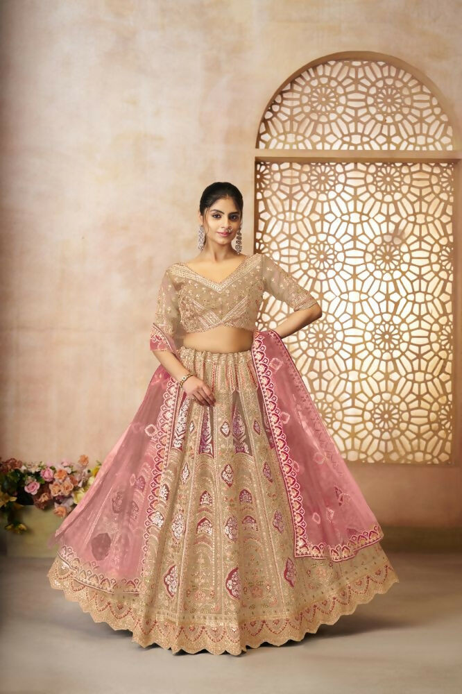 Kesar Fab Chiku Banarasi Silk Embroidered Lehenga | Grocsy