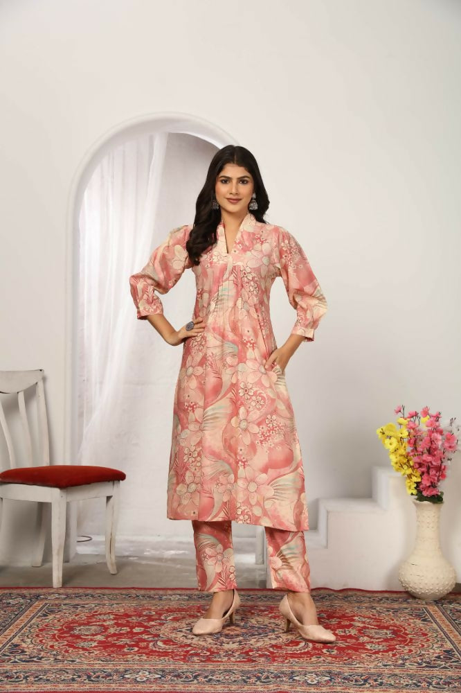 Jyoti Fashion Women's Peach Rayon Floral Print with Side Pocket Kurtis & Sets | Grocsy