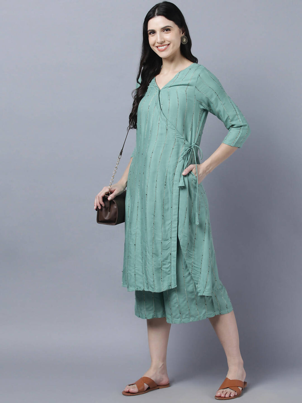 Myshka Women's Stylish Green Cotton 3/4 Sleeve Kurta Palazzo Set | Grocsy