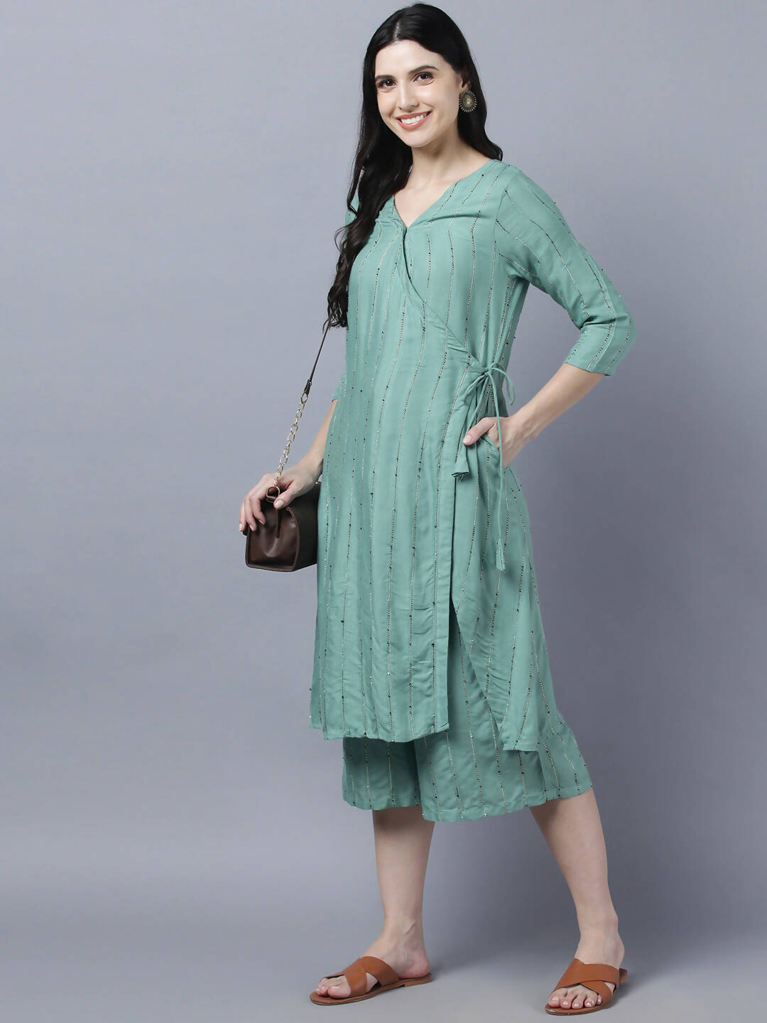 Myshka Women's Stylish Green Cotton 3/4 Sleeve Kurta Palazzo Set | Grocsy