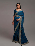 PR Fashion Petrol Chinon Embroidery Lace Saree | Grocsy