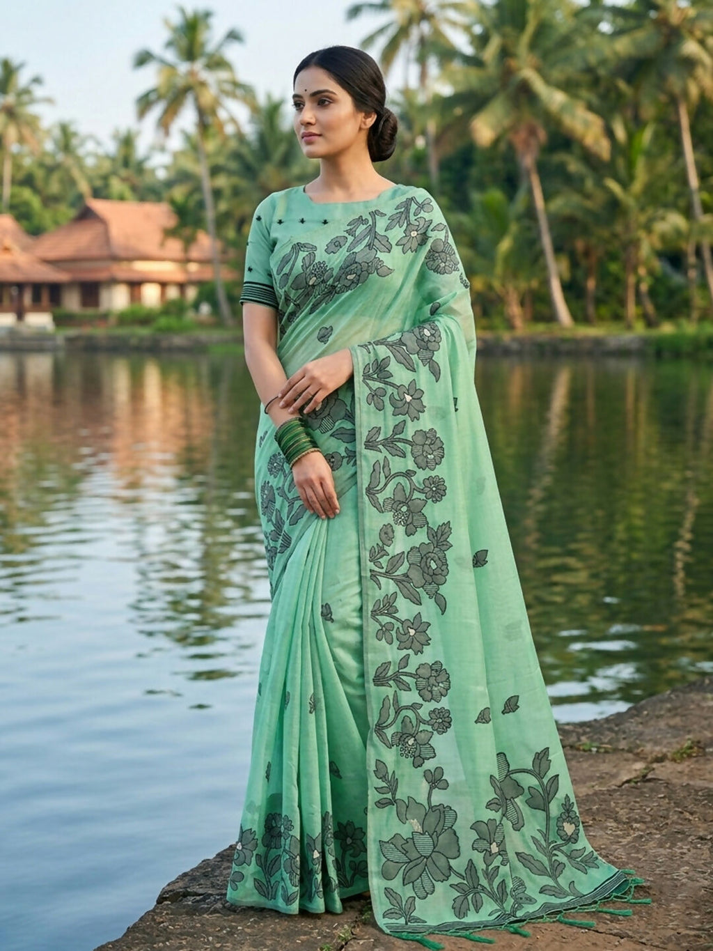 Shree Shyam Fashion Rama Green Linen Cotton Saree | Grocsy