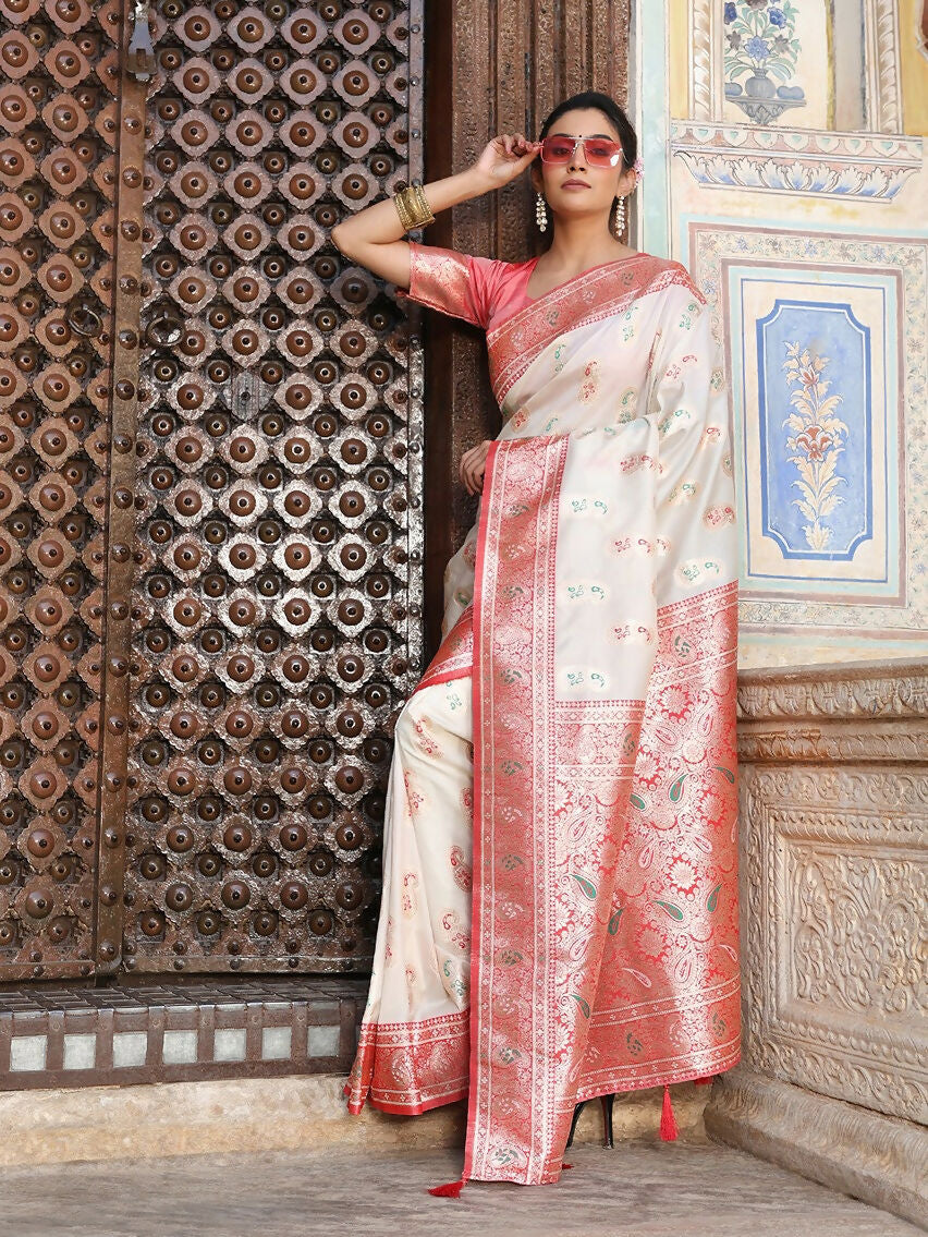 Shree Shyam Fashion White Silk Saree | Grocsy