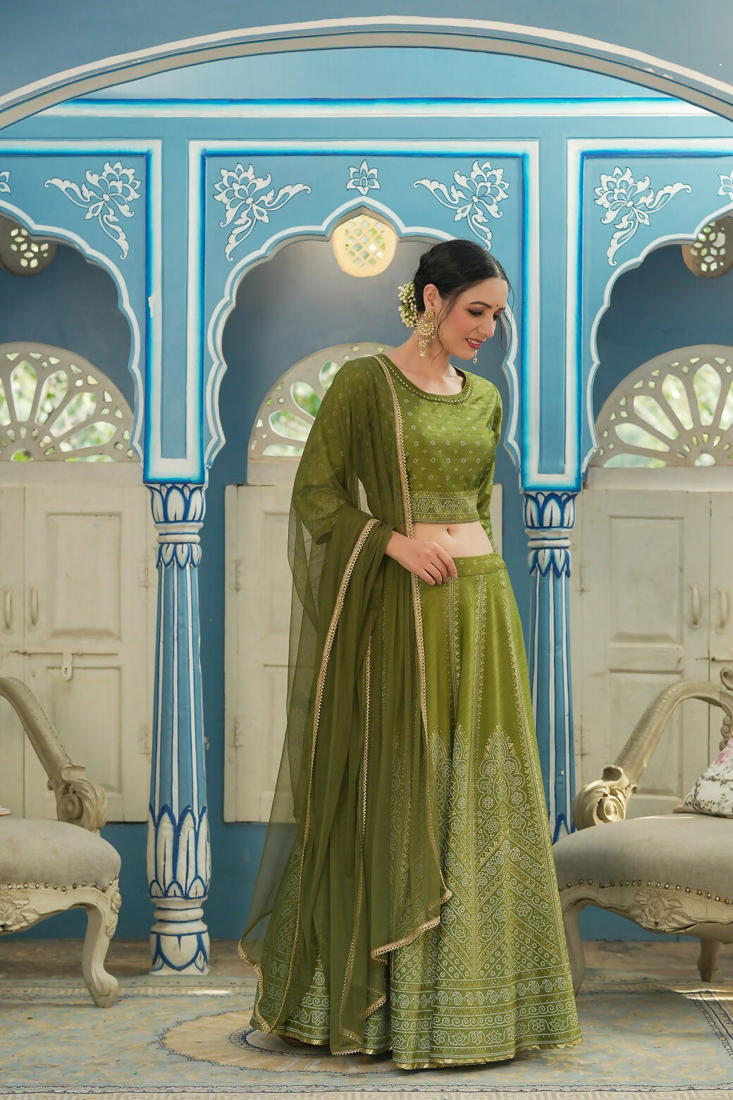 Juniper Green Bandhani Printed Shantoon Slub Lehenga Choli & Net Dupatta Set. | Grocsy
