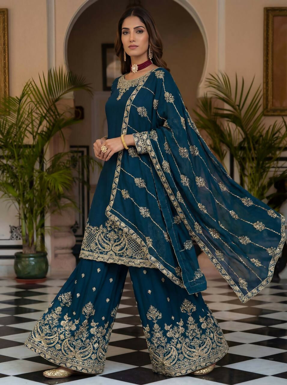 Joban Fashion Teal Silk Embroidered Sharara Set | Grocsy