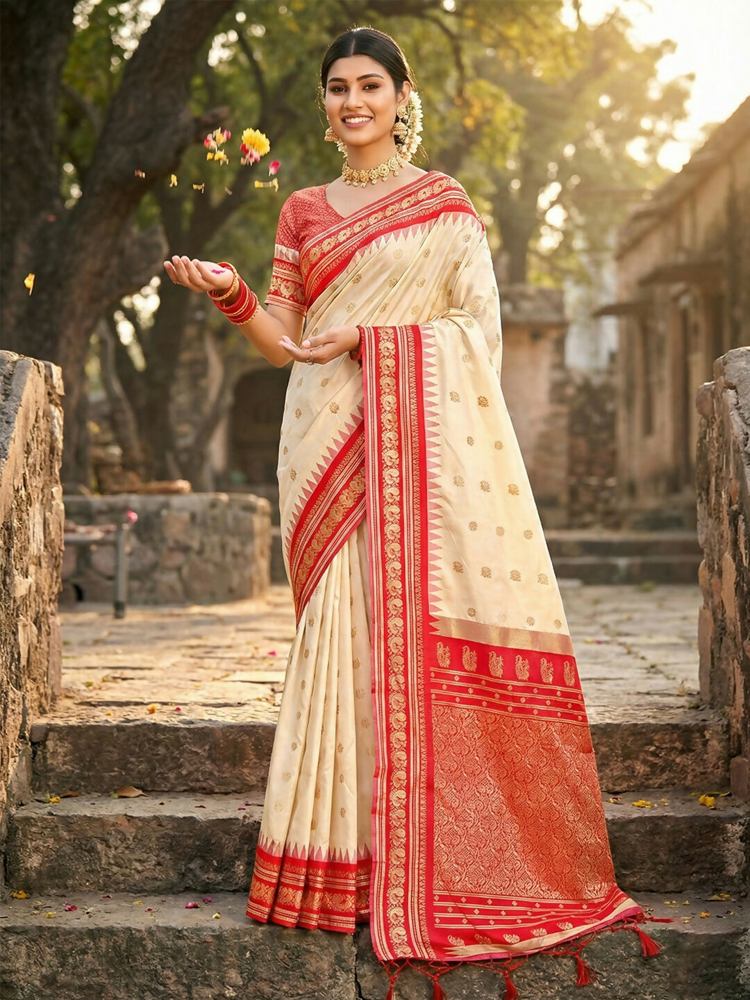 Shree Shyam Fashion Cream Soft Silk Saree | Grocsy