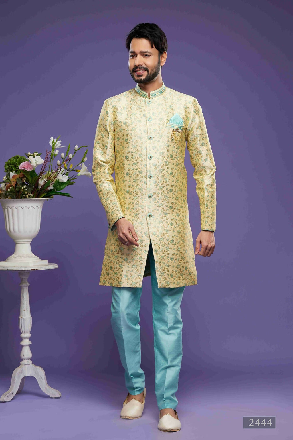 Raivat Ethnic Banarasi Jacquard Embroidery Semi Indo Western Sherwani In Gold Colour | Grocsy