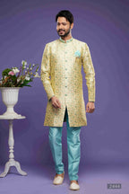 Raivat Ethnic Banarasi Jacquard Embroidery Semi Indo Western Sherwani In Gold Colour | Grocsy