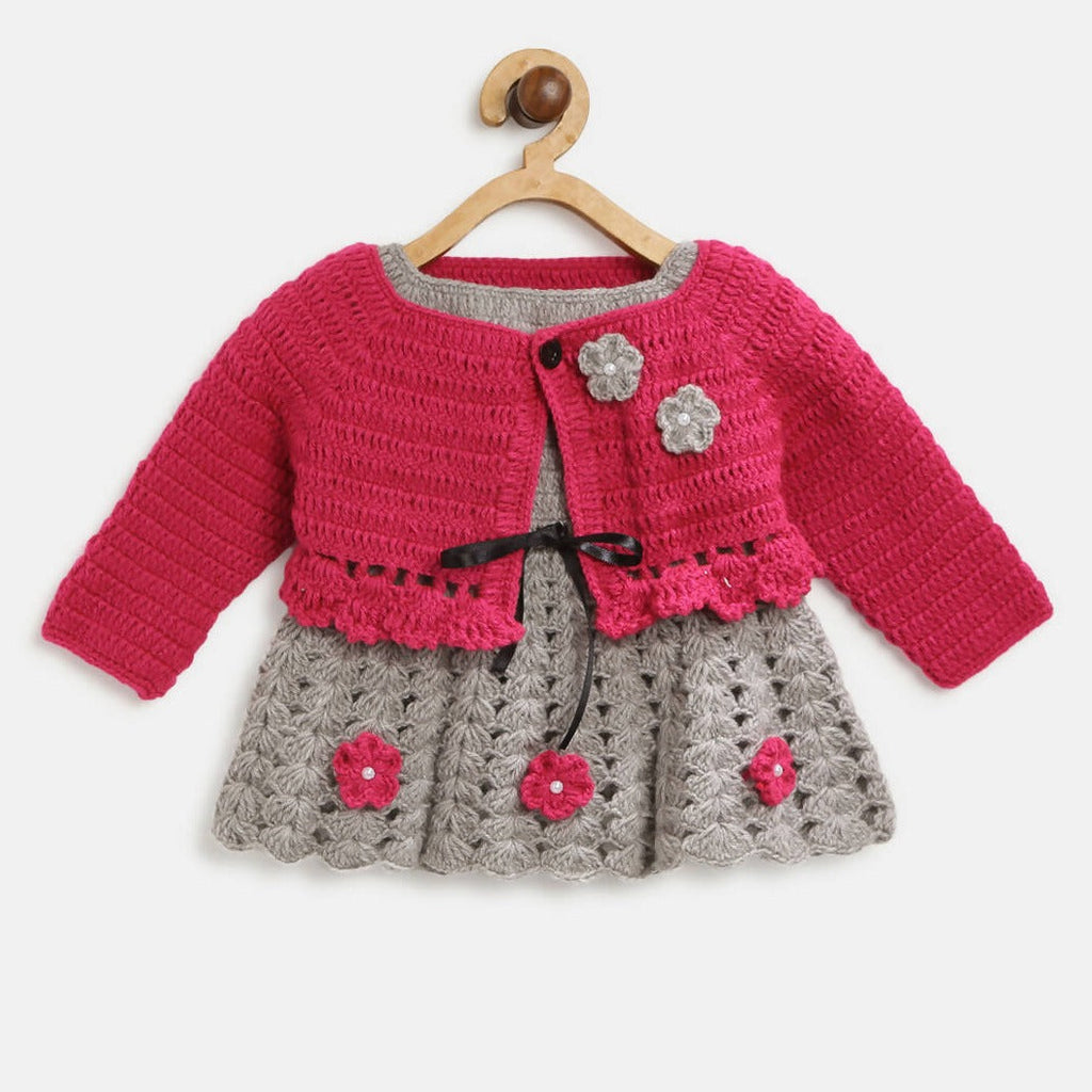 ChutPut Hand knitted Crochet Maharani Wool Dress For Baby Girls - Pink | Grocsy