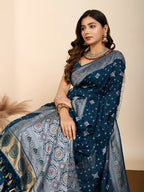 Teal Blue Soft Silk Woven Meenakari Designer Saree - Vedanti | Grocsy