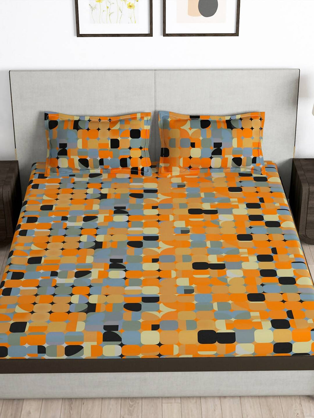 Story@home Orange & White Geometric Microfiber 180 TC Bedsheet With Pillow Cover | Grocsy