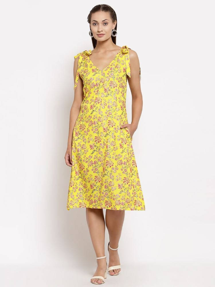 Myshka Women's Yellow Cotton Printed Sleeveless V Neck Casual Dress | Grocsy
