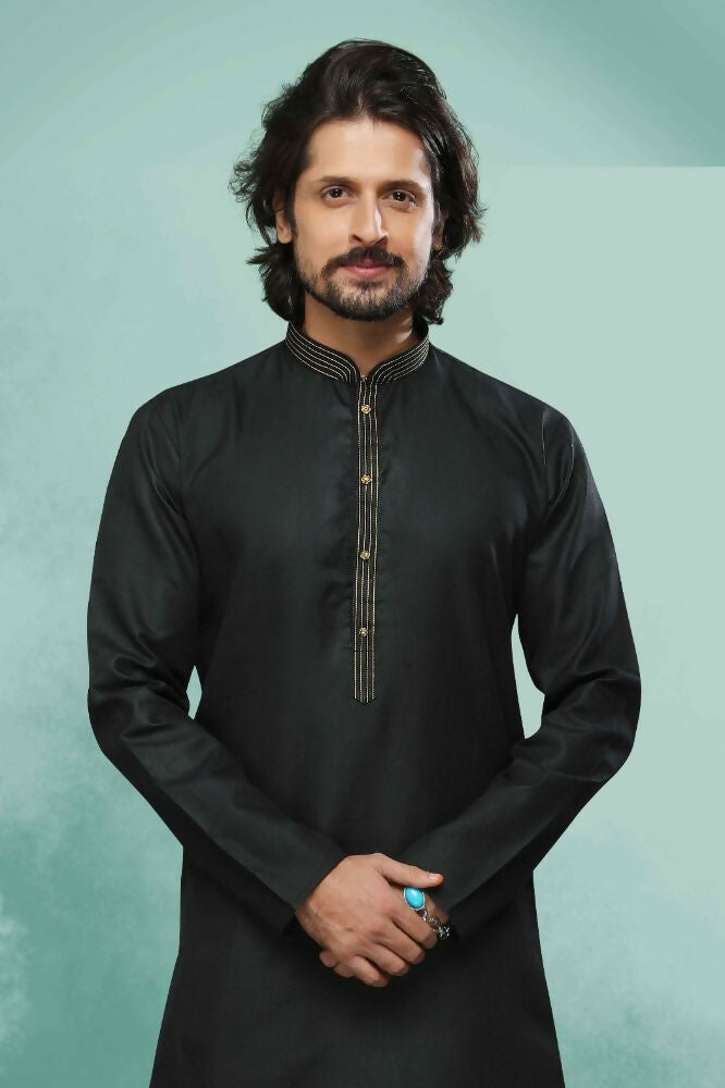 Raivat Ethnic Cotton Pintux Work Kurta Pajama In Black Colour | Grocsy