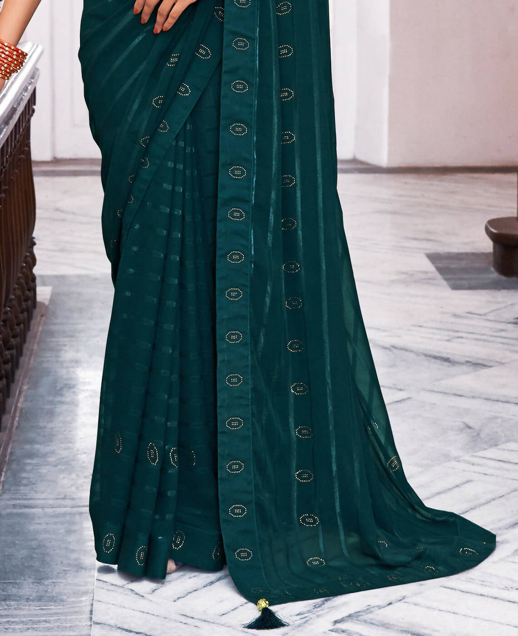 Teal Georgette Swaroski Work Saree With Unstitched Blouse Piece - Juhi | Grocsy