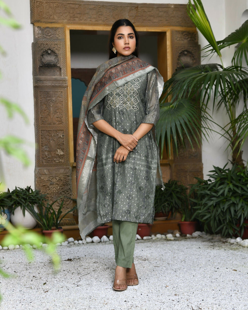 Vaasva Women's Chanderi Printed Suit Set With Pant And Printed Dupatta | Grocsy