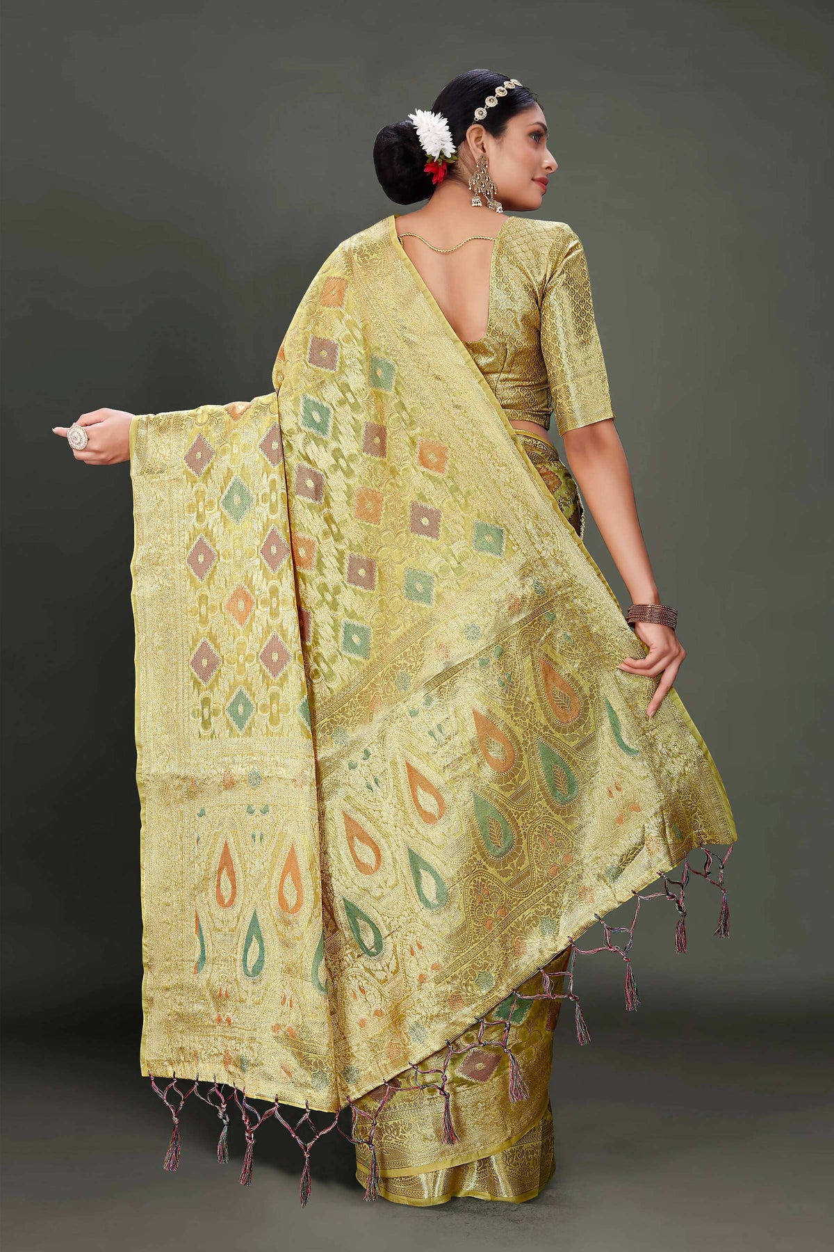 Olive Soft Organza Woven Design Saree With Unstitched Blouse Piece - Zaara | Grocsy
